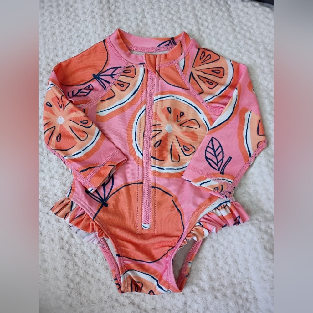 Tea Baby Pink Citrus Zip-Front Long Sleeve One-Piece Swimsuit